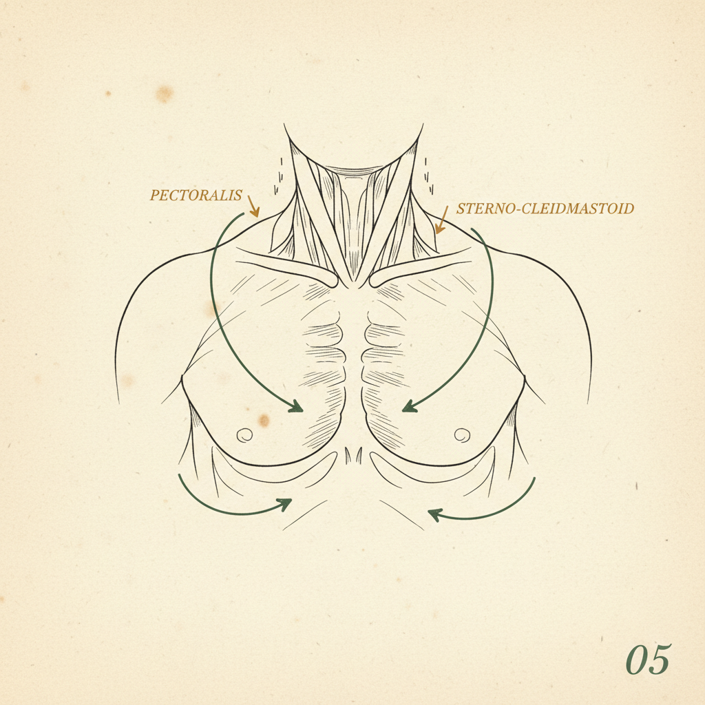 Chest, upper back, neck