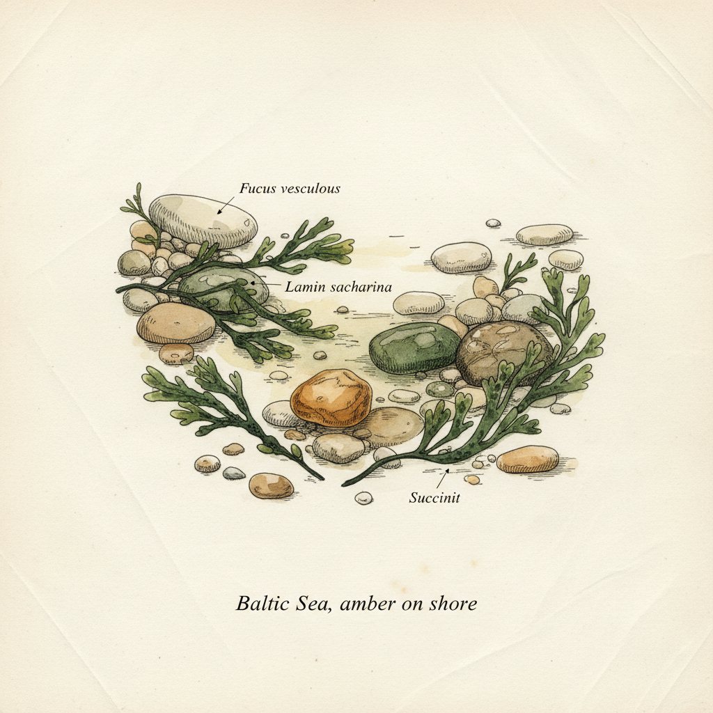 Baltic amber on damp shore — herbarium plate